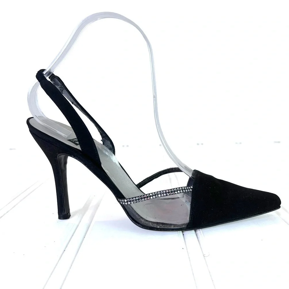 STUART WEITZMAN BLACK RHINESTONE HEELS SLINGBACK  HEELS VINTAGE WOMEN SIZS 8 - Picture 3 of 12